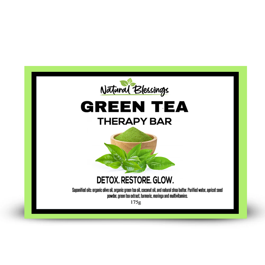 Green Tea Therapy Bar box with green border and green tea leaf graphic.