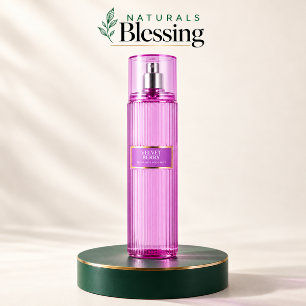 Naturals Blessing Velvet Berry 8 fl oz body mist on emerald pedestal
