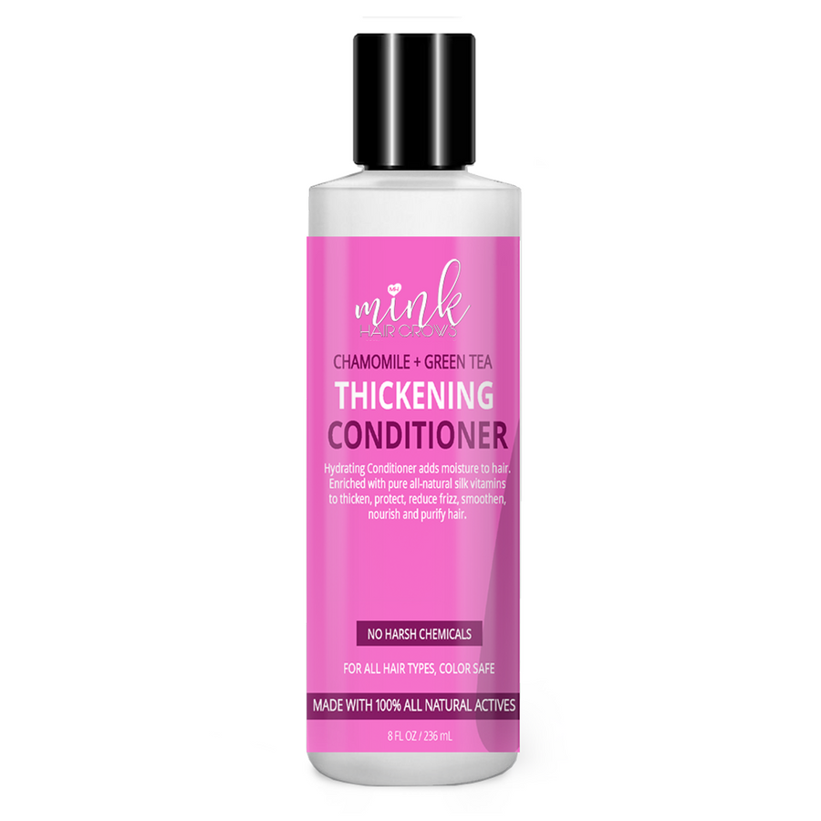 Chamomile and Green Tea Thickening Conditioner bottle with pink label and black cap