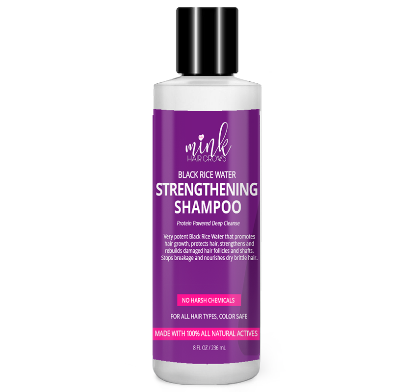 Black Rice Water Strengthening Shampoo bottle with purple label and black cap