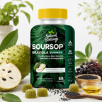 Soursop Gummies bottle surrounded by soursop fruit and greenery.