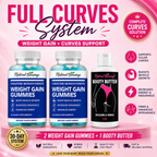 Complete Curves System graphic showing Weight Gain Gummies bottles and Body Butter product packaging