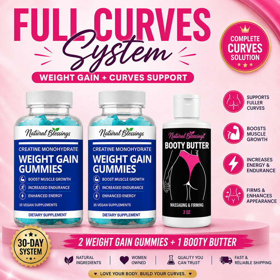 Complete Curves System graphic showing Weight Gain Gummies bottles and Body Butter product packaging