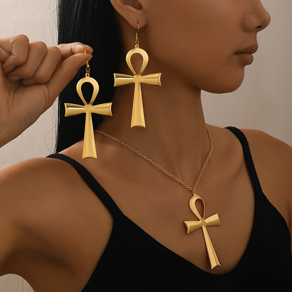 3pcs Jewelry Set, Hollow-out Cross, Fashionable Statement Large Earrings and Necklace, Golden Accessories for Women, Daily Wear, Ramadan