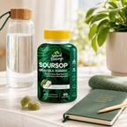 Soursop Gummies bottle with glass of water and green wellness setting.