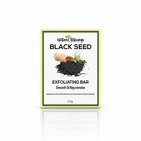 Single Black Seed Exfoliating Bar box with green border on white background