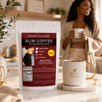 Slim Coffee pouch displayed with a mug in a bright kitchen lifestyle scene.