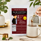 Slim Coffee pouch beside a mug with coffee being poured.