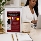 Slim Coffee pouch beside a mug and notebook in a lifestyle scene.