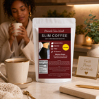 Slim Coffee pouch with mug and flowers in a warm lifestyle setting.