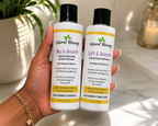 Hand holding Little Miracles shampoo and conditioner bottles in a bathroom setting