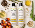 Little Miracles shampoo and conditioner bottles styled with haircare props and natural ingredients