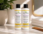 Little Miracles shampoo and conditioner bottles displayed beside towel and comb
