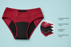 Burgundy menstrual panties with absorbent-layer callout.