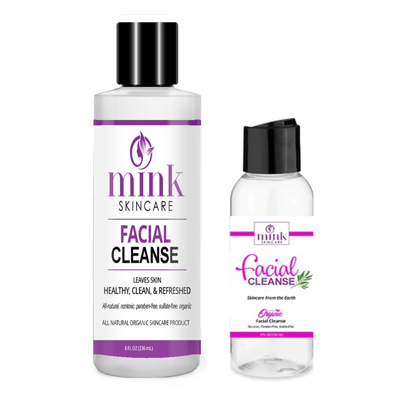 Regular Facial Cleanse bottle beside travel-size Facial Cleanse bottle.