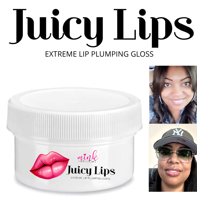 Juicy Lips Extreme Lip Plumping Gloss jar with before-and-after lip model images.