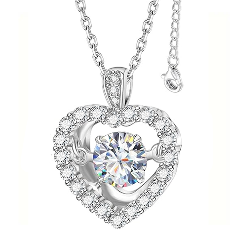Close-up of a heart-shaped moissanite pendant on a sterling silver chain, symbolizing love and romance, with brilliant diamond-like sparkle.
