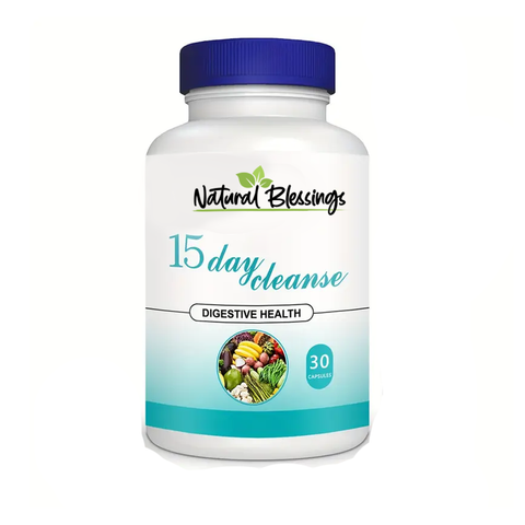 Bottle of Natural Blessings 15-Day Cleanse capsules, a natural detox supplement with senna leaf, cascara sagrada, and psyllium husk to support digestive health, relieve bloating, and promote regularity.