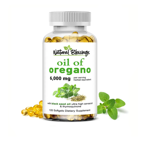 Bottle of Natural Blessings Oregano & Black Seed Oil Softgels, a 2-in-1 supplement formulated with carvacrol and thymoquinone to support immune health, digestion, and antioxidant protection.