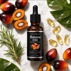 Batana Oil serum bottle displayed with decorative batana fruit, rosemary, leaves, and capsules