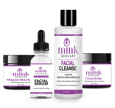 Mink Skincare Kit with facial cleanse, serum, and moisturizers