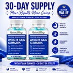 Weight Gain Gummies bottles in a blue and white 30-day supply promotional graphic