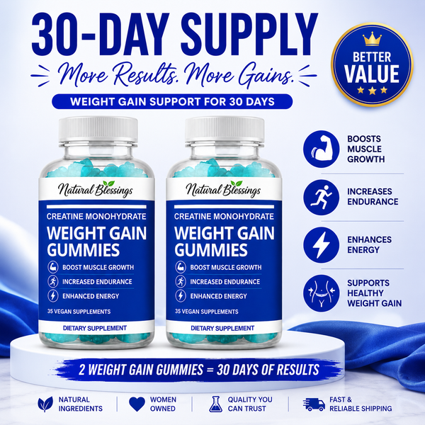 Weight Gain Gummies bottles in a blue and white 30-day supply promotional graphic