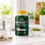 Soursop Gummies bottle with soursop fruit and glass of water.