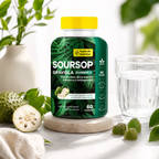Soursop Gummies bottle with wellness lifestyle props.