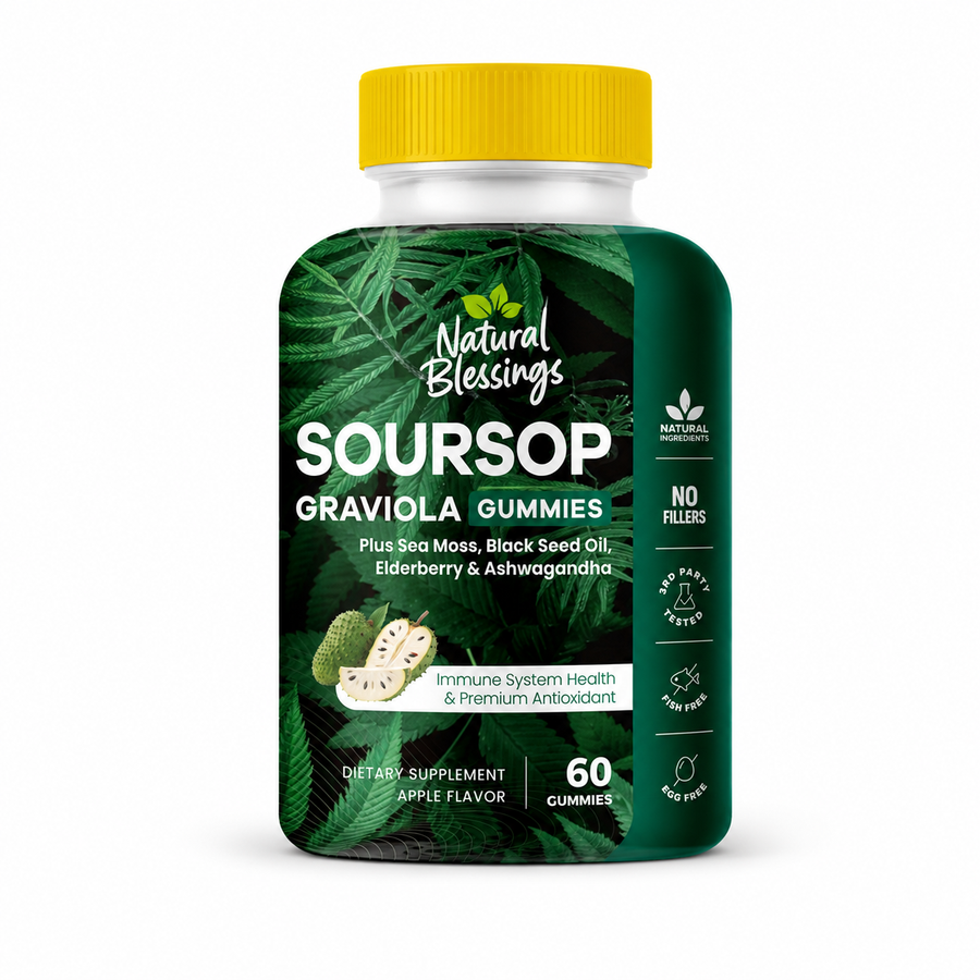 Green Soursop Gummies bottle with yellow cap.