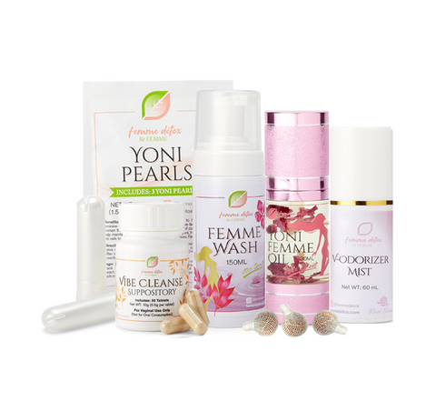Natural Blessings Femme Must-Haves Kit with yoni pearls, femme wash, oil, and suppository for feminine hygiene, detox & pH balance.