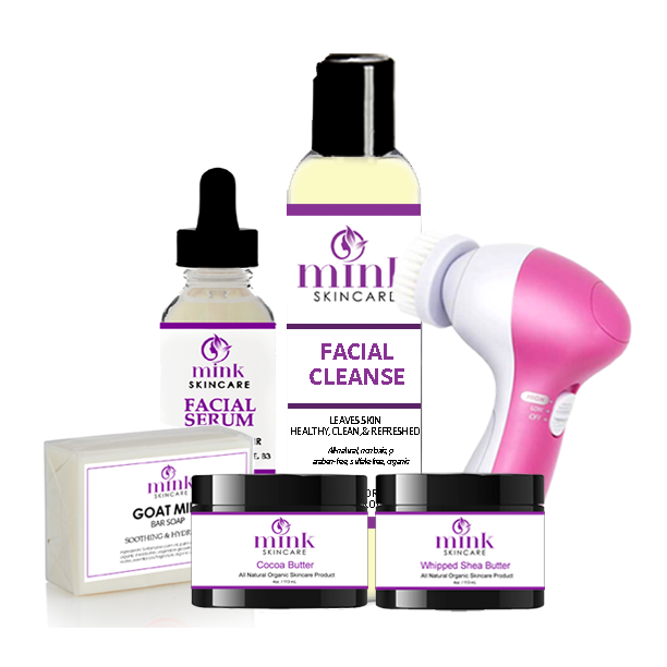 SereniGlow Pore Refining System with facial cleanser, serum, cocoa butter, goat milk soap, and pink facial brush.