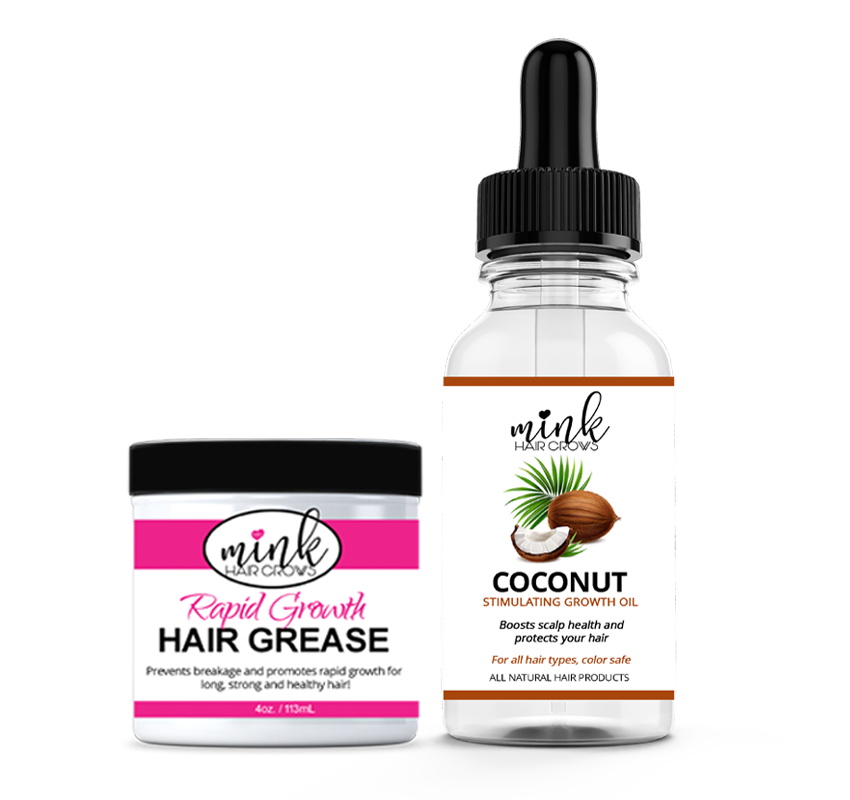 Rapid Growth Hair Grease jar with Coconut Serum bottle on white background.
