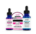 Hair serum, edge control, and grease refill kit with pink and white Mink Hair Grows labels.
