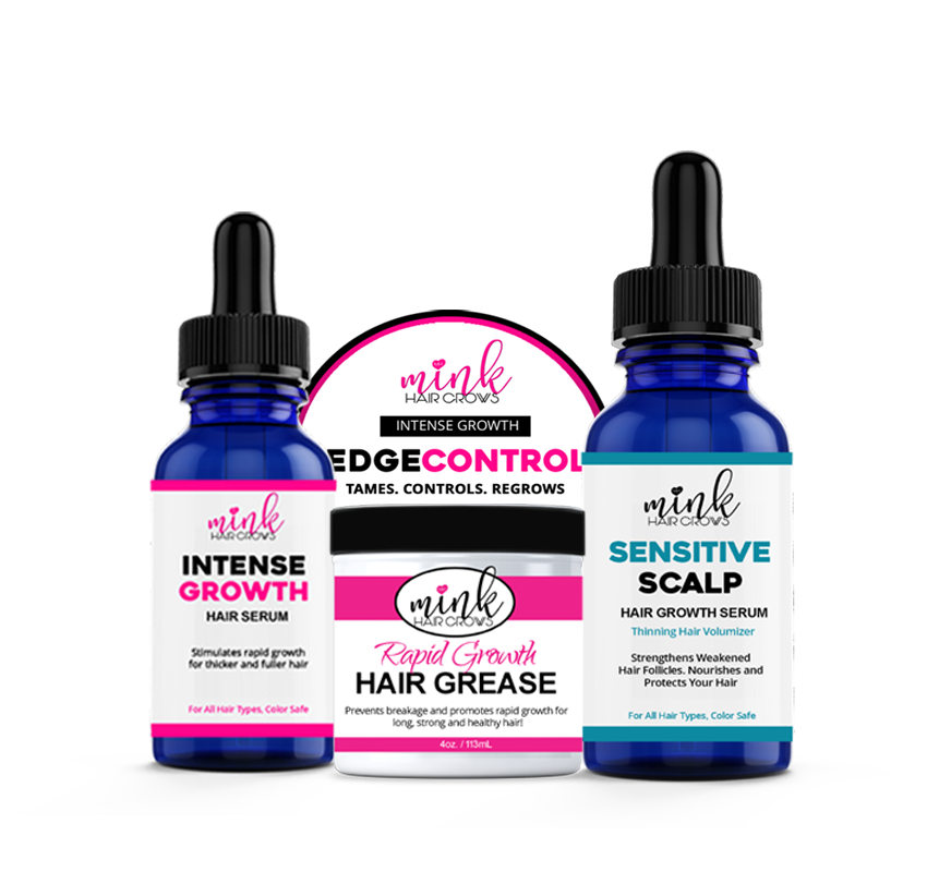 Hair serum, edge control, and grease refill kit with pink and white Mink Hair Grows labels.
