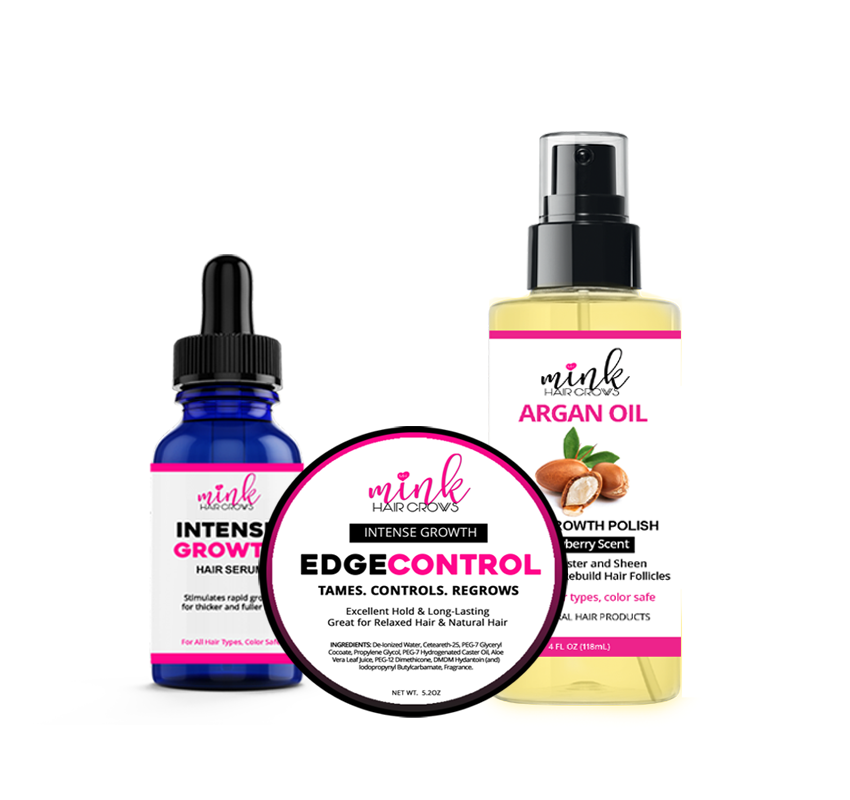 Growth Essentials Kit with night growth serum, edge control, and argan oil serum.