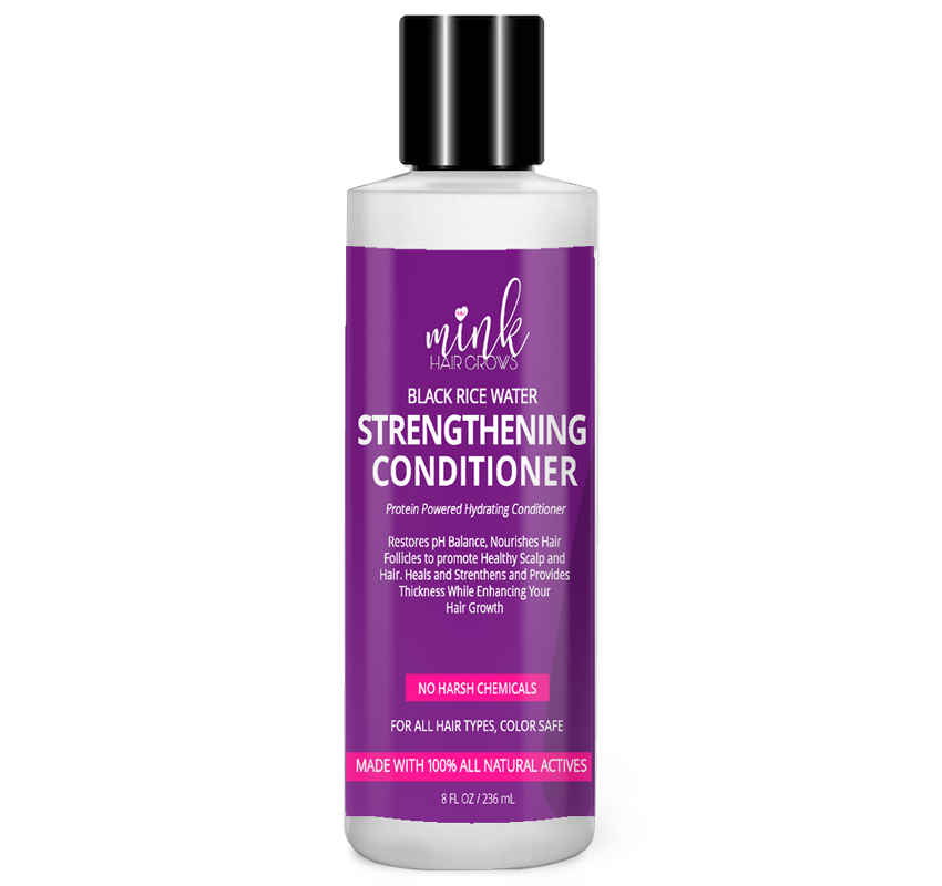 Black Rice Water Strengthening Conditioner bottle with purple label and black cap